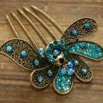 Gold Plated Teal Blue Rhinestone Peacock Hair Comb