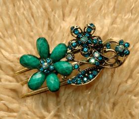 Emerald Stones and Rhinestone Blooming Claw Clips