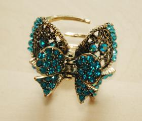 Teal Blue Gold Plated Rhinestone Filigree Bow Clip