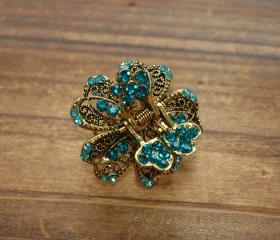 Teal Blue Rhinestone Filigree Flower Blossom
