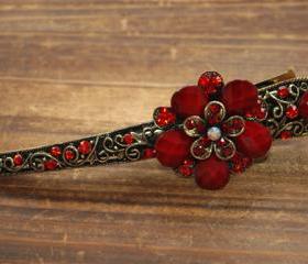 Red Ruby Stones and Rhinestone Blooming Claw Clips