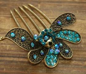 Gold Plated Teal Blue Rhinestone Peacock Hair Comb
