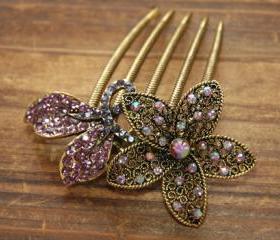 Lavender Gold Rhinestone Flower Blossom Hair Comb