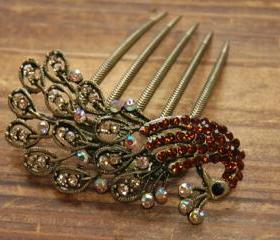 Gold Plated Amber Rhinestone Peacock Hair Comb
