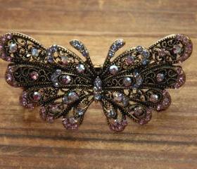 Lavender Rhinestone Butterfly Barrettes Hair Clips