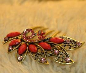 Pink Stones Gold Plated Rhinestone Hair Comb