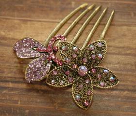 Rose Pink Gold Rhinestone Flower Blossom Hair Comb