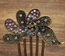 Gold Plated Lavender Rhinestone Peacock Hair Comb