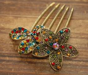 Colourful Gold Rhinestone Flower Blossom Hair Comb
