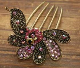 Gold Plated Pink Rhinestone Peacock Hair Comb