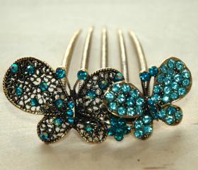 Teal Blue Gold Rhinestone Butterfly Hair Comb