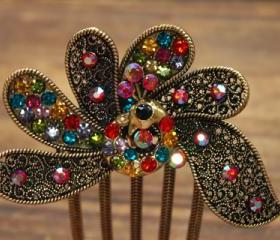 Gold Plated Colorful Rhinestone Peacock Hair Comb