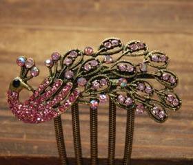 Gold Plated Pink Rhinestone Peacock Hair Comb