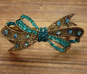 Turquoise Rhinestone Bow Barrette Hair Clip