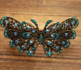 Teal Blue Rhinestone Butterfly Barrettes Hair Clip