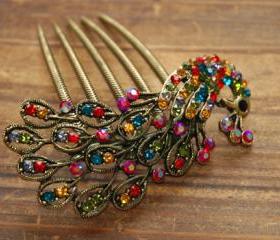 Gold Plated Colorful Rhinestone Peacock Hair Comb