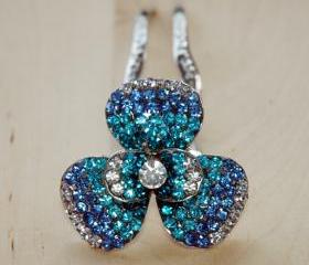 Teal Blue Silver Rhinestone Flower Hair Comb