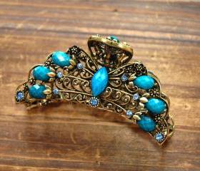 Teal Blue Bouquet Flower Filigree Claw Clip