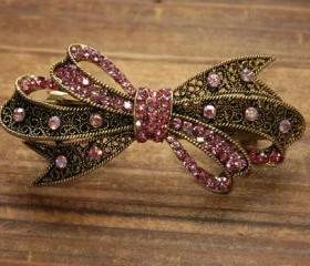 Rose Pink Rhinestone Bow Barrette Hair Clip