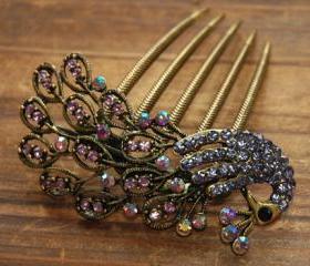 Gold Plated Lavender Rhinestone Peacock Hair Comb
