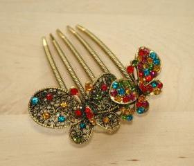 Colourful Gold Rhinestone Butterfly Hair Comb