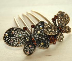 Amber Gold Rhinestone Butterfly Hair Comb
