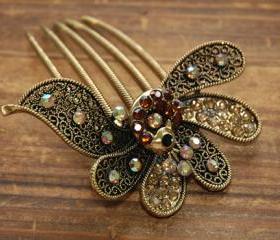 Gold Plated Amber Rhinestone Peacock Hair Comb