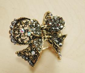 Gold Plated Rhinestone Filigree Bow Ribbon Clip
