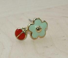 Mini Flower and Lady Bird Gold Earrings