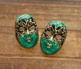 Green Phantom of the Opera Butterfly Mask Earrings