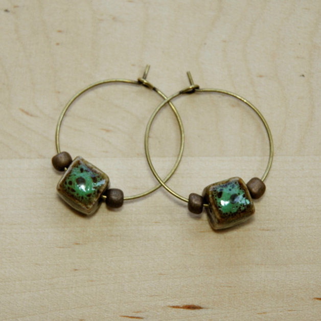 Turquoise Cube Ceramic Bronze Beads Hoop Earrings on Luulla
